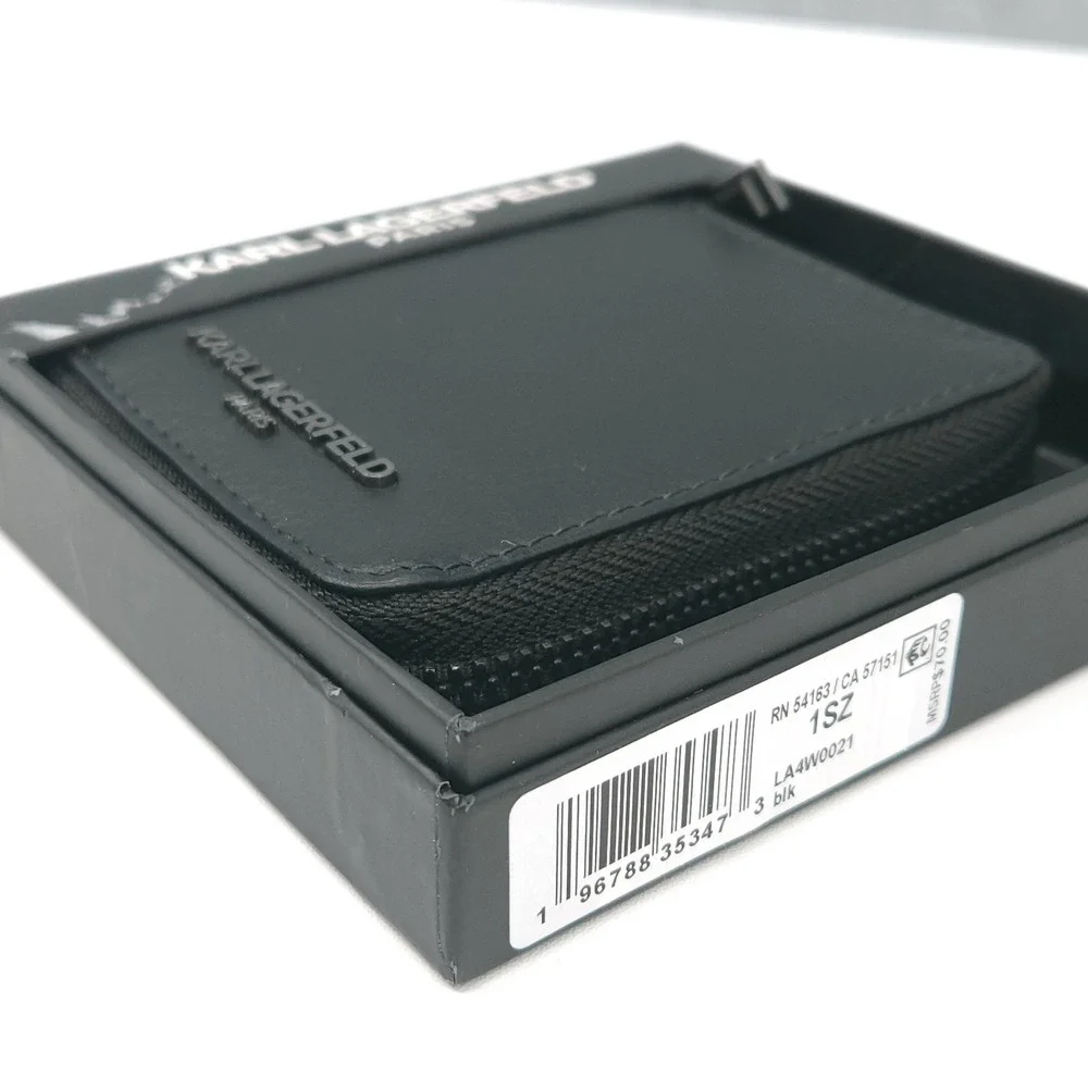 Karl Lagerfeld Paris Zip Around Black Leather Square Wallet Logo Womens Pocket